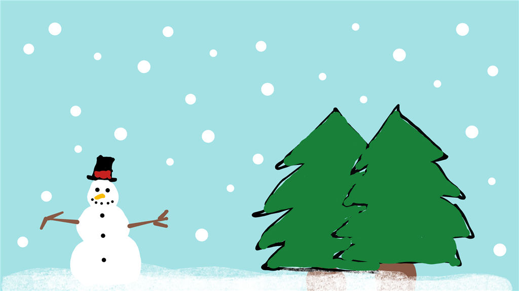 Winter scene with smiling snowman and two green pine trees.